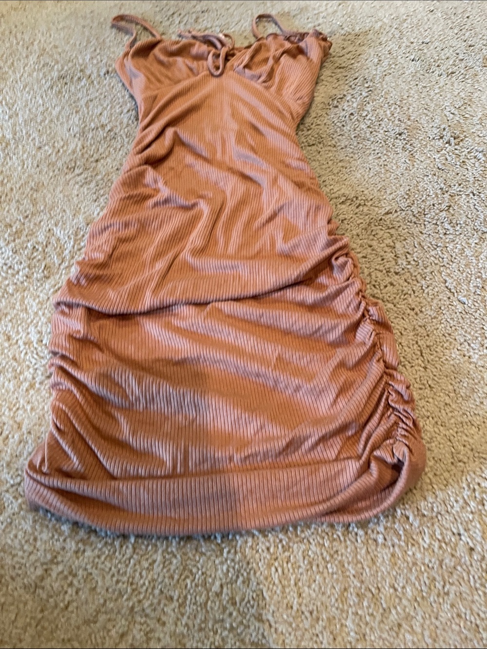 Blue Blush Ruched Ribbed Midi Dress in Terracotta